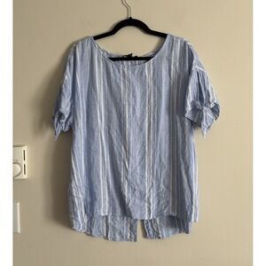 Ellen Tracy Large Blouse Top LINEN Blue White Stripe‎ Beach Coastal Bohemian